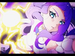 Rule 34 | 1girl, aoi tete, aqua eyes, artist logo, cure majesty, dress, ellee-chan, eyelashes, hair ornament, highres, hirogaru sky! precure, incoming attack, long hair, looking at viewer, magical girl, precure, purple background, purple dress, purple hair, serious, solo