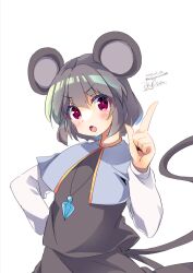 Rule 34 | 1girl, animal ears, blue capelet, capelet, commentary request, dated, enjoy mix, grey shirt, hand on own hip, index finger raised, jewelry, long sleeves, looking at viewer, mouse ears, mouse girl, mouse tail, nazrin, one-hour drawing challenge, open mouth, pendant, red eyes, shirt, signature, simple background, solo, tail, touhou, twitter username, upper body, v-shaped eyebrows, white background