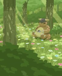 Rule 34 | bush, claws, closed eyes, closed mouth, commentary request, creatures (company), day, flower, game freak, gen 1 pokemon, grass, highres, kangaskhan, nintendo, no humans, outdoors, pokemon, pokemon (creature), sitting, sleeping, smile, solo, tomozo (muginosukejr), tree