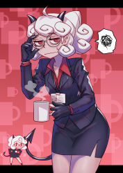 Rule 34 | 1girl, absurdres, adjusting eyewear, ahoge, anbe yoshirou, black gloves, black skirt, black suit, chibi, closed mouth, coffee mug, collarbone, collared shirt, cup, demon girl, demon horns, demon tail, formal, glasses, gloves, helltaker, highres, holding, holding cup, horns, id card, lanyard, long sleeves, looking at viewer, messy hair, mug, pandemonica (helltaker), pencil skirt, red background, red eyes, red shirt, round eyewear, shirt, short hair, short ponytail, skirt, solo, speech bubble, suit, sweatdrop, tail, white hair