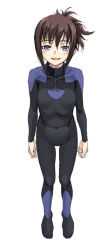 Rule 34 | 00s, 1girl, :d, bai (darker than black), black bodysuit, black hair, blue eyes, blush, bodysuit, breasts, brown hair, clenched hands, covered navel, darker than black, full body, looking at viewer, open mouth, plugsuit, ponytail, satou atsuki, short hair, short ponytail, sidelocks, simple background, small breasts, smile, solo, standing, turtleneck, white background