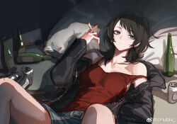 1girl absurdres bang_dream! bang_dream!_it&#039;s_mygo!!!!! beer_can black_hair black_jacket blue_eyes bottomless camisole can chinese_commentary cigarette closed_mouth clouble collarbone commentary_request drink_can grey_skirt highres holding holding_cigarette jacket long_hair long_sleeves pillow reclining red_camisole skirt smoking solo strap_slip watermark weibo_watermark yahata_umiri