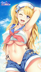 Rule 34 | 10s, 1girl, ;d, absurdres, alternate costume, arm at side, arm up, armpits, asymmetrical hair, black panties, blonde hair, blue eyes, blue shorts, bow, breasts, cloud, coin (ornament), collarbone, covered erect nipples, cowboy shot, crop top, day, denim, denim shorts, earrings, eyebrows, eyelashes, fang, galko, gluteal fold, hair bow, hair bun, hat, highres, hoop, hozumi kaoru, jewelry, large breasts, long hair, looking at viewer, midriff, navel, one eye closed, one side up, open fly, open mouth, oshiete! galko-chan, panties, print headwear, sailor collar, sailor hat, scrunchie, short shorts, shorts, side-tie panties, side bun, sideboob, signature, single side bun, smile, solo, stomach, stud earrings, teeth, text focus, unbuttoned, underboob, underwear, white bow
