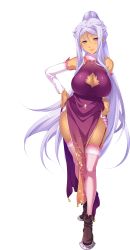 Rule 34 | 1girl, absurdres, blue eyes, boots, breasts, china dress, chinese clothes, cleavage, cleavage cutout, clothing cutout, dark skin, dark-skinned female, detached sleeves, dress, full body, hands on own hips, highres, hikage eiji, koihime musou, kougai, large breasts, light purple hair, long hair, looking at viewer, mole, mole under mouth, official art, pelvic curtain, ponytail, sidelocks, silver hair, sleeveless, smile, solo, standing, thighhighs, transparent background, very long hair