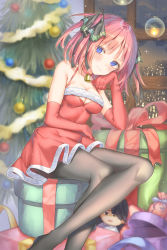Rule 34 | 1girl, alternate costume, bare shoulders, bell, black pantyhose, black ribbon, blue eyes, blush, box, breasts, cha chya, character doll, choker, christmas, christmas tree, cleavage, commentary, dress, elbow gloves, feet out of frame, fur-trimmed dress, fur trim, gift, gift box, gloves, go-toubun no hanayome, hair ribbon, halterneck, hand up, head rest, highres, indoors, looking at viewer, medium breasts, nakano nino, neck bell, night, night sky, no shoes, pantyhose, pink hair, red choker, red dress, red gloves, ribbon, santa costume, short dress, short hair, sitting, sky, solo, spaghetti strap, sparkle, thighs, uesugi fuutarou, window