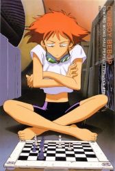Rule 34 | 1990s (style), 1girl, androgynous, barefoot, bike shorts, board game, chess, cowboy bebop, edward wong hau pepelu tivrusky iv, goggles, indian style, crossed legs, midriff, non-web source, red hair, retro artstyle, reverse trap, short hair, sitting, solo, tank top, tomboy