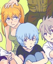 Rule 34 | 2boys, 2girls, aida kensuke, ayanami rei, blue eyes, blue hair, breasts, embarrassed, evangelion: 3.0+1.0 thrice upon a time, friends, hair between eyes, hand on another&#039;s head, head out of frame, headpat, long hair, looking at another, medium breasts, multiple boys, multiple girls, nagisa kaworu, neon genesis evangelion, orange hair, rebuild of evangelion, red eyes, sitting, souryuu asuka langley, standing, third-party edit, white hair