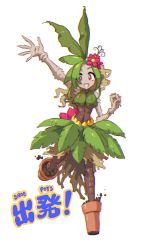 Rule 34 | 1girl, commentary, dryad, english commentary, flower, flower pot, grin, hair flower, hair ornament, john su, kanji, leg up, monster girl, original, outstretched arm, palm leaf, pink eyes, pink flower, plant, plant girl, plant hair, potted plant, pun, smile, solo, standing, standing on one leg, translated, waving, white background