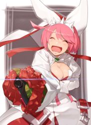 Rule 34 | 1girl, ahoge, akisa yositake, bouquet, breasts, bridal veil, cleavage, cleavage cutout, clothing cutout, clover, dress, elphelt valentine, flower, four-leaf clover, guilty gear, guilty gear xrd, gun, hairband, highres, holding, holding bouquet, holding gun, holding weapon, huge ahoge, juliet sleeves, large breasts, long sleeves, looking at viewer, medium hair, open mouth, pink hair, puffy sleeves, red flower, red rose, rose, smile, spiked hairband, spikes, veil, weapon, wedding dress, white dress