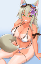 Rule 34 | 1girl, absurdres, animal ear fluff, animal ears, arm support, bikini, blonde hair, breasts, collarbone, fingernails, flower, goggles, goggles on head, green eyes, grin, hair between eyes, hair flower, hair ornament, highres, large breasts, lily the mechanic, long hair, looking at viewer, lost pause, navel, original, rikadoh, sitting, skindentation, smile, solo, swimsuit, tail, tan, tanline, teeth