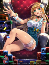 Rule 34 | 1girl, blonde hair, bracelet, couch, crossed legs, dated, dress, flower, furyou michi ~gang road~, green eyes, hair flower, hair ornament, ingfox, jewelry, legs, lipstick, long hair, lots of jewelry, makeup, nail polish, poker chip, ring, smile, solo