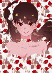 Rule 34 | 1girl, absurdres, bare shoulders, black hair, breasts, cham chamrin, choker, cleavage, closed mouth, collarbone, commentary request, dress, earrings, floating hair, floral background, floral print, food, food print, fruit, gold earrings, hair ribbon, high ponytail, highres, jewelry, large breasts, long hair, looking at viewer, red eyes, red lips, ribbon, smile, solo, spy x family, strapless, strapless dress, strawberry, strawberry background, strawberry print, twitter username, upper body, yor briar