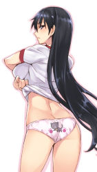 Rule 34 | 1girl, animal print, ass, azumanga daiou, bad id, bad pixiv id, black eyes, black hair, blush, breasts, cat panties, cat print, clothes lift, from behind, gym uniform, large breasts, long hair, looking at viewer, looking back, matsuryuu, no pants, outline, panties, parted lips, paw print, print panties, sakaki (azumanga daioh), shirt lift, simple background, solo, underwear, undressing, very long hair, white background