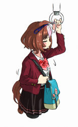 Rule 34 | 1girl, absurdres, alternate costume, animal ears, appleq, black legwear, black skirt, blush, bow, bowtie, brown hair, closed mouth, cropped legs, ears down, flying sweatdrops, grey background, hairband, hand up, highres, horse ears, horse girl, horse tail, jacket, long sleeves, meisho doto (umamusume), multicolored hair, open clothes, open jacket, red bow, red bowtie, red jacket, shirt, short hair, shoulder blades, skirt, solo, sweatdrop, tail, two-tone hair, umamusume, white shirt