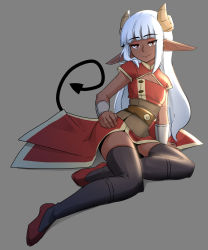 Rule 34 | 1girl, black thighhighs, closed mouth, curled horns, dark-skinned female, dark skin, demon horns, demon tail, full body, grey background, highres, horns, long hair, looking at viewer, niseoto, original, pointy ears, red eyes, red footwear, sash, seductive smile, shoes, simple background, sitting, smile, solo, tail, thighhighs, white hair, wristband, yokozuwari