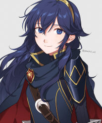 Rule 34 | 1girl, armor, blue cape, blue eyes, blue hair, cape, closed mouth, commentary, fire emblem, fire emblem awakening, grey background, hair between eyes, highres, long hair, long sleeves, looking at viewer, lucina (fire emblem), nintendo, peach11 01, red cape, shoulder armor, simple background, smile, solo, tiara, twitter username, two-tone cape, upper body, watermark