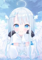 Rule 34 | 1girl, ahoge, amatsuka uto, angel, angel wings, blue eyes, blue hair, blue sky, closed mouth, cloud, commentary request, day, deyui, feathered wings, hair ornament, hairclip, hands up, highres, indie virtual youtuber, long sleeves, outdoors, shirt, silver hair, sky, sleeves past fingers, sleeves past wrists, smile, solo, two side up, virtual youtuber, white shirt, white wings, wing hair ornament, wings