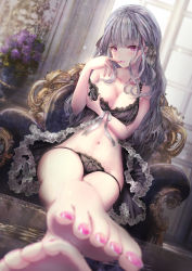 Rule 34 | 1girl, babydoll, bad anatomy, bare arms, barefoot, black nightgown, black panties, blush, breasts, cleavage, couch, eyebrows hidden by hair, eyes visible through hair, feet, feet on table, finger to mouth, fingernails, flower pot, grey hair, hair ribbon, highres, indoors, large breasts, long hair, missile228, nail polish, nightgown, on couch, open mouth, original, panties, presenting foot, purple eyes, ribbon, sexually suggestive, sitting, toenail polish, toenails, tongue, tongue out, underwear