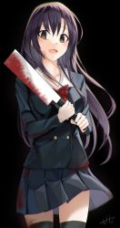 Rule 34 | 1girl, :d, black background, black jacket, black skirt, black thighhighs, blood, blood on face, bow, bowtie, brown eyes, cowboy shot, floating hair, hair between eyes, highres, holding, holding weapon, jacket, katsura kotonoha, long hair, long sleeves, looking at viewer, miniskirt, open mouth, pleated skirt, purple hair, red bow, red bowtie, school days, school uniform, signature, simple background, skirt, smile, solo, standing, tetto (onnoveltet), thighhighs, very long hair, weapon, yandere, zettai ryouiki