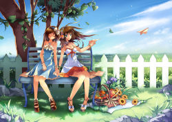 Rule 34 | 2girls, bad id, bad pixiv id, basket, bench, bow, dress, fence, food, fruit, holding hands, headphones, high heels, liy093275411, multiple girls, open shoes, paper airplane, sandals, tree