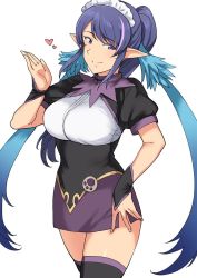 Rule 34 | 1girl, blue hair, breasts, closed mouth, dress, highres, judith (tales), long hair, looking at viewer, official alternate costume, pointy ears, ponytail, purple eyes, simple background, skirt, smile, solo, tales of (series), tales of vesperia, thighhighs, tsurui, white background