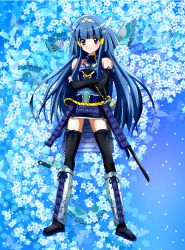 Rule 34 | 10s, 1girl, alternate costume, aoki reika, armor, bad id, bad pixiv id, bare shoulders, black thighhighs, blue eyes, blue hair, boots, bug, butterfly, crossed arms, cure beauty, detached sleeves, floral background, hair tubes, head wings, highres, insect, japanese armor, knee boots, kusazuri, long hair, magical girl, matching hair/eyes, petals, precure, sandals, shinobi, smile, smile precure!, solo, standing, suneate, sword, thighhighs, weapon, wings, yuiyuimoe