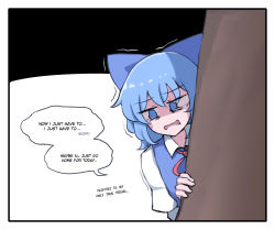 Rule 34 | 1girl, blue bow, blue dress, blue eyes, bow, cirno, collared shirt, commentary, crying, crying with eyes open, dress, english commentary, english text, hair bow, hiding, highres, mata (matasoup), no pupils, red bow, red neckwear, shirt, solo, tears, touhou, tree, trembling, white shirt