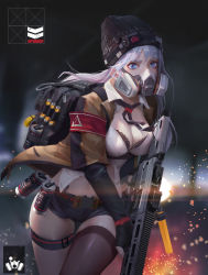 Rule 34 | 1girl, agent 416 (girls&#039; frontline), backpack, bag, black gloves, black thighhighs, blue eyes, breasts, chen hg, cleavage, fingerless gloves, gas mask, girls&#039; frontline, gloves, gun, highres, holding, holding gun, holding weapon, large breasts, long hair, looking at viewer, mask, navel, original, silver hair, solo, thighhighs, weapon