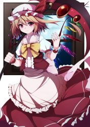 Rule 34 | 1girl, adapted costume, blonde hair, bow, flandre scarlet, hat, hat ribbon, highres, mob cap, pink eyes, puffy short sleeves, puffy sleeves, ribbon, satou (3366 s), scythe, shirt, short sleeves, side ponytail, skirt, skirt set, solo, touhou, vest, wings, wrist cuffs