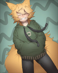 Rule 34 | 1girl, animal ear fluff, animal ears, baggy clothes, blonde hair, blush, casual, closed eyes, cowboy shot, crossed bangs, denim, drawstring, eyebrows hidden by hair, fox ears, fox girl, fox tail, green background, green hoodie, grin, hair between eyes, hands in pocket, hands in pockets, highres, hood, hood down, hoodie, jeans, kitsune, large tail, long sleeves, looking at viewer, matsunome, messy hair, no headwear, pants, patterned background, shaded face, shadow, short hair, smile, solo, square, standing, sweater, tail, teeth, touhou, yakumo ran, yellow eyes, yellow tail