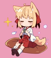 Rule 34 | ahoge, animal ears, blonde hair, bubble, chibi, closed eyes, closed mouth, commentary request, cup, cushion, fox ears, fox girl, fox tail, hakama, hakama skirt, highres, holding, holding cup, japanese clothes, kimono, light blush, long sleeves, miko, obi, original, pink background, puff of air, red hakama, red sash, sandals, sash, short hair, sigh, simple background, sitting, skirt, smile, socks, star (symbol), tail, white kimono, white socks, wide sleeves, yukinagi