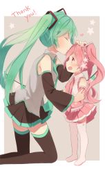 Rule 34 | 2girls, bad id, bad pixiv id, boots, detached sleeves, closed eyes, kissing forehead, green hair, hatsune miku, highres, hitsukuya, kiss, kissing forehead, kneeling, long hair, multiple girls, necktie, open mouth, pink eyes, pink hair, sakura miku, skirt, thigh boots, thighhighs, twintails, vocaloid, aged down
