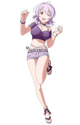 Rule 34 | 1girl, bracelet, breasts, choker, cleavage, feet, jewelry, large breasts, leg up, long hair, looking at viewer, mole, necklace, non-web source, official art, one eye closed, open mouth, purple hair, red eyes, sandals, short shorts, short sleeves, shorts, simple background, solo, strea (sao), sweat, sword art online, toes, white background