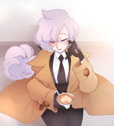 Rule 34 | 1girl, anabel (pokemon), black gloves, blush, coat, creatures (company), cup, game freak, gloves, hair over one eye, heart, highres, holding, holding cup, necktie, nintendo, one eye closed, pokemon, pokemon sm, ponytail, purple eyes, purple hair, sitting, solo, trench coat, vergolophus