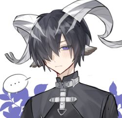 Rule 34 | ..., 1boy, animal ears, arknights, black hair, black shirt, blush, closed mouth, commentary request, hair over one eye, horns, lessing (arknights), looking at viewer, male focus, purple eyes, shirt, simple background, solo, spoken ellipsis, upper body, white background, xinjinjumin209301719922