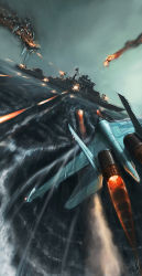 Rule 34 | ace combat, afterburner, aircraft, airplane, battle, cruiser, damaged, destruction, dutch angle, epic, explosion, fighter jet, fire, firing, gun, jet, military, military vehicle, no humans, ocean, pvtskwerl, realistic, ship, sky, vehicle focus, war, warship, water, watercraft, weapon