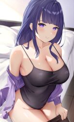 Rule 34 | 1girl, absurdres, alternate costume, bare shoulders, bed, black camisole, blunt bangs, blush, breasts, camisole, cleavage, clothes pull, collarbone, genshin impact, grin, highres, indoors, large breasts, long hair, long sleeves, looking at viewer, mole, mole under eye, off shoulder, on bed, open clothes, open shirt, pants, pants pull, parted lips, pillow, purple eyes, purple hair, purple shirt, raiden shogun, rosumerii, shirt, sitting, smile, solo, spaghetti strap, strap gap, thighs