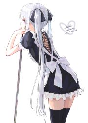 Rule 34 | 1girl, apron, artist name, black thighhighs, dated, dress, frilled apron, frilled dress, frills, hair ribbon, highres, long hair, looking at viewer, maid, mop, original, purple eyes, ribbon, silver hair, simple background, sinaco, solo, thighhighs, twintails, very long hair, white background, zettai ryouiki