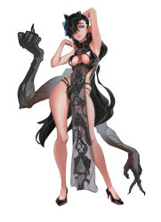 Rule 34 | 1girl, arm behind head, arm up, armpits, bare shoulders, black dress, black panties, blue eyes, breasts, china dress, chinese clothes, clothing cutout, contrapposto, dethmaid, dress, earrings, extra arms, gluteal fold, hair over one eye, hand up, high collar, high heels, highres, jewelry, latex, lips, long hair, medium breasts, mole, mole under mouth, original, panties, parted lips, ponytail, revealing clothes, see-through, simple background, solo, thighs, thong, underboob, underboob cutout, underwear, very long hair, white background, wide hips