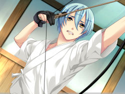 Rule 34 | 1boy, archery, arrow (projectile), black gloves, blue hair, bow (weapon), clenched teeth, drawing bow, dutch angle, game cg, gloves, hair between eyes, holding, holding bow (weapon), holding weapon, indoors, japanese clothes, kanakubo homare, kyuudou, looking away, male focus, partially fingerless gloves, partly fingerless gloves, short sleeves, solo, starry sky (game), teeth, upper body, weapon, yellow eyes, yugake