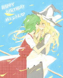 Rule 34 | 2girls, apron, ascot, blonde hair, blush, bow, braid, broom, eye contact, face-to-face, female focus, frown, grabbing another&#039;s chin, green hair, hand on another&#039;s chin, happy birthday, hat, hat bow, holding hands, kazami yuuka, kirisame marisa, long hair, looking at another, minakata sunao, multiple girls, petals, phantasmagoria of flower view, plaid, plaid skirt, plaid vest, red eyes, ribbon, short hair, skirt, skirt set, smile, sweatdrop, touhou, unmoving pattern, vest, wind, witch hat, yellow eyes, yuri