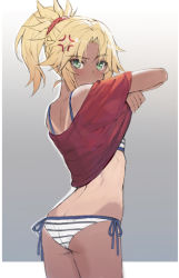 Rule 34 | 1girl, anger vein, ass, back, bikini, blonde hair, blush, border, braid, breasts, butt crack, clothes lift, dark skin, fate/apocrypha, fate (series), french braid, gradient background, green eyes, grey background, hair ornament, hair scrunchie, long hair, looking at viewer, looking back, mordred (fate), mordred (fate/apocrypha), one-piece tan, parted bangs, ponytail, red scrunchie, red shirt, scrunchie, shirt, shirt lift, short sleeves, sidelocks, small breasts, swimsuit, tan, tanline, thighs, tonee, white bikini, white border
