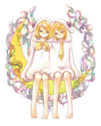 Rule 34 | 1boy, 1girl, barefoot, blonde hair, blue eyes, brother and sister, feet, hyeon, kagamine len, kagamine rin, moon, necktie, short hair, siblings, twins, vocaloid, yellow necktie