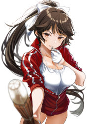 Rule 34 | 1girl, azur lane, black hair, blowing whistle, blurry, blurry foreground, blush, bow, breasts, brown eyes, cleavage, collarbone, gloves, hair bow, holding, holding sword, holding weapon, holding whistle, jacket, kendo sword, large breasts, long hair, looking at viewer, partially unzipped, ponytail, shirt, simple background, solo, sword, takao (azur lane), track jacket, umiyama, very long hair, weapon, whistle, white background, white bow, white gloves, white shirt, zipper