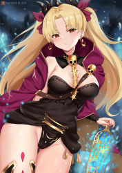 Rule 34 | 1girl, asymmetrical legwear, asymmetrical sleeves, between breasts, black leotard, black thighhighs, blonde hair, blush, breasts, cape, cleavage, closed mouth, cyicheng, detached collar, earrings, ereshkigal (fate), fate/grand order, fate (series), gold trim, highleg, highleg leotard, hoop earrings, infinity symbol, jewelry, large breasts, leotard, long hair, long sleeves, looking at viewer, multicolored cape, multicolored clothes, necklace, parted bangs, red cape, red eyes, single sleeve, single thighhigh, skull, smile, solo, spine, thighhighs, thighs, tiara, two-sided cape, two-sided fabric, two side up, uneven legwear, uneven sleeves, yellow cape