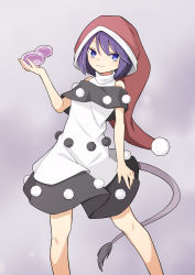 Rule 34 | 1girl, :3, bare shoulders, black capelet, blob, blue eyes, capelet, closed mouth, doremy sweet, dream soul, dress, hat, hekkmushi, highres, nightcap, pom pom (clothes), purple hair, red hat, short hair, short sleeves, smile, solo, tail, tapir tail, touhou, white dress