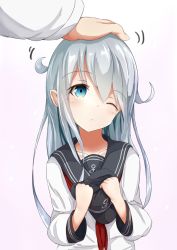 Rule 34 | 10s, 1boy, 1girl, ;&lt;, admiral (kancolle), anchor symbol, black hat, blue eyes, blush, closed mouth, collarbone, flat cap, hair flaps, hand on another&#039;s head, hat, head pat, headpat, hibiki (kancolle), holding, holding clothes, holding hat, kantai collection, kiomota, long sleeves, looking away, looking to the side, motion lines, neckerchief, one eye closed, sailor collar, school uniform, serafuku, silver hair, solo focus, unworn hat, unworn headwear, upper body