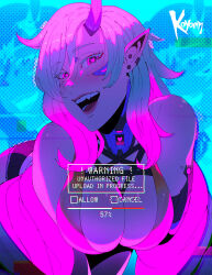 Rule 34 | 1girl, artist name, bent over, blue background, breasts, cleavage, cyberpunk (series), cyborg, english text, highres, jacket, koyorin, large breasts, long hair, looking at viewer, mechanical arms, off shoulder, open mouth, pointy ears, purple eyes, purple hair, single mechanical arm, solo, symbol-shaped pupils