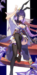 Rule 34 | 1girl, absurdres, animal ears, arm up, black thighhighs, braid, breasts, bridal gauntlets, cleavage, commentary request, dorsiflexion, fake animal ears, flower, foot out of frame, genshin impact, highres, japanese clothes, kimono, knee up, large breasts, long hair, looking at viewer, low-braided long hair, low-tied long hair, mitsudomoe (shape), ningmeng jing jing jing jing, obi, obijime, open mouth, purple eyes, purple flower, purple kimono, rabbit ears, raiden shogun, sash, single bridal gauntlet, sitting, solo, tassel, thighhighs, toes, tomoe (symbol), torii, v, very long hair