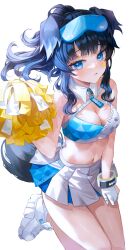 Rule 34 | 1girl, absurdres, animal ears, bare shoulders, black hair, blue archive, blue eyes, breasts, cheerleader, cleavage, crop top, dog ears, dog girl, dog tail, eyewear on head, gloves, goggles, goggles on head, grass, hibiki (blue archive), hibiki (cheer squad) (blue archive), highres, holding, holding pom poms, long hair, looking at viewer, medium breasts, midriff, millennium cheerleader outfit (blue archive), miniskirt, navel, official alternate costume, parted lips, pom pom (cheerleading), pom poms, ponytail, revision, ri yonn, simple background, skirt, solo, standing, sticker on face, stomach, tail, thighs, white background, white gloves, white skirt